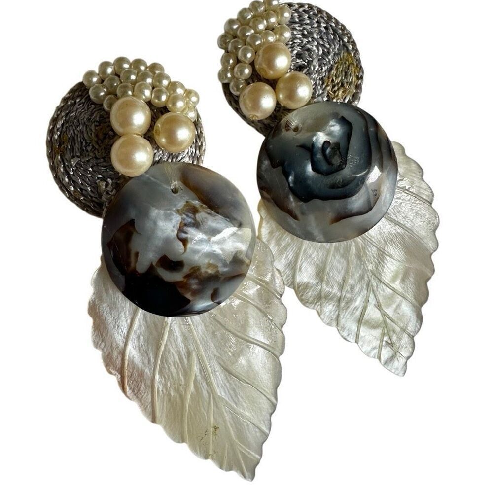 Vintage Artisan Clip-On Earrings w/ Faux Pearl & Shell leaf